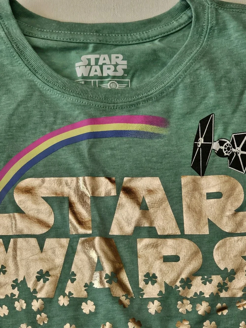 Star Wars Girls' Mint Green Tee with Gold Foil Logo and Rainbow Accent XL